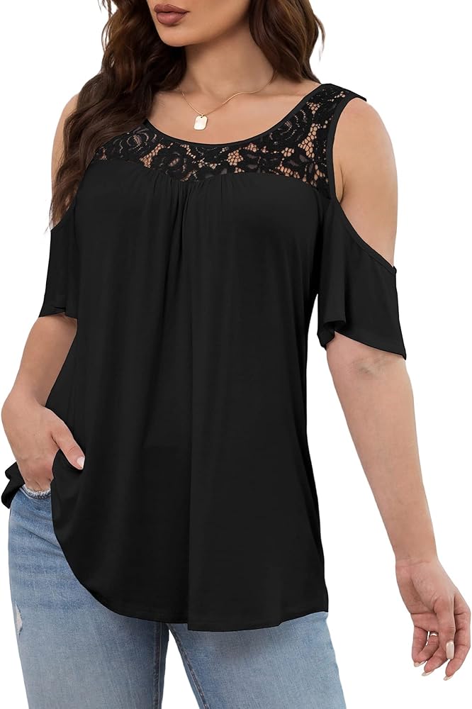 Plusashion Plus Size Cold Shoulder Tops Women Dressy Casual Lace